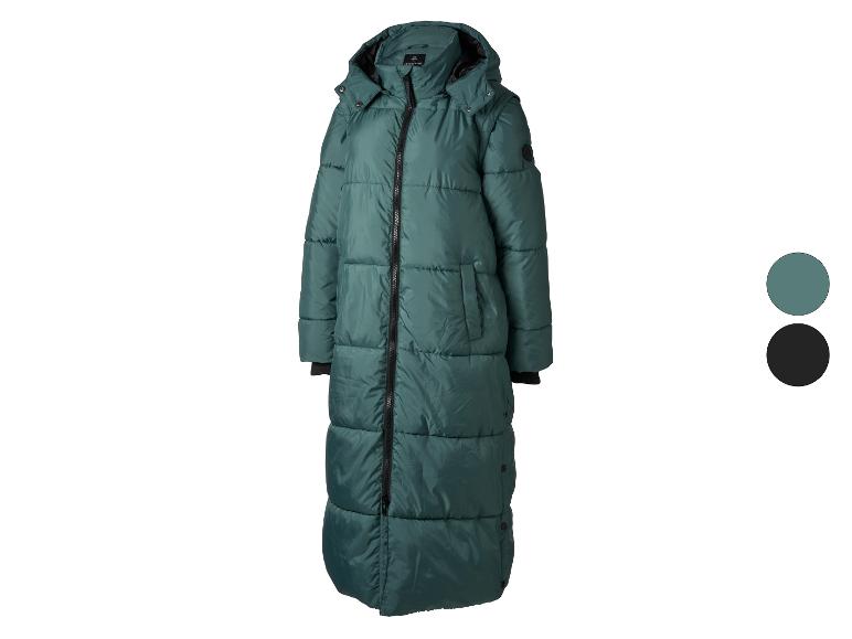 Lange, gewatteerde donkergroene winterjas met een zwarte rits.