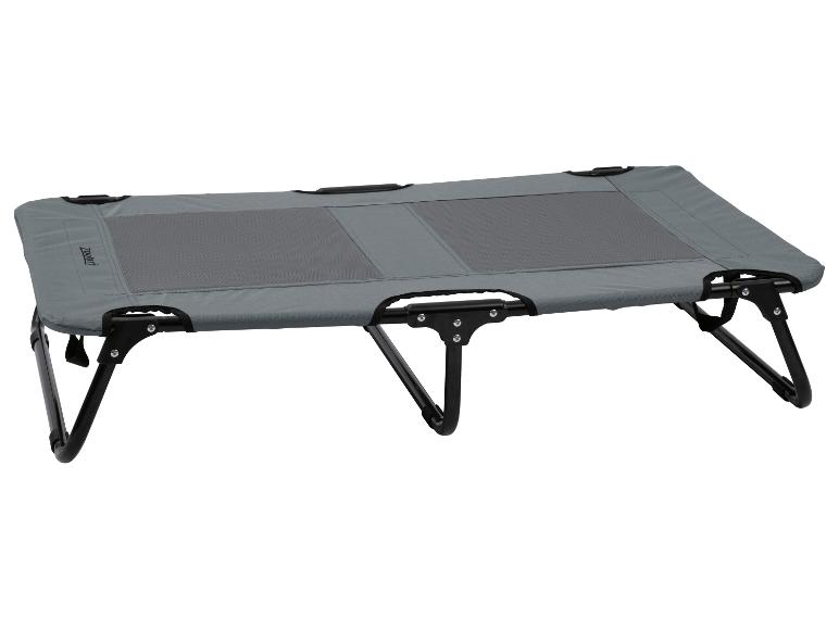 Grijs opvouwbaar veldbed met zwart metalen frame.