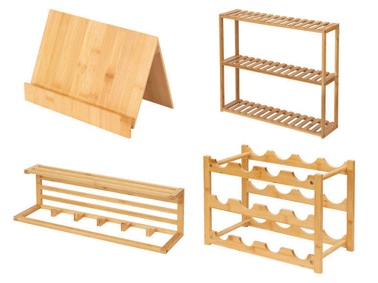 Een boekenstandaard, een wijnrek en twee plankjes van bamboe.
