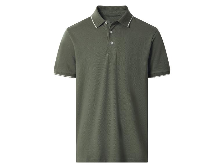Donkergroen poloshirt met wit gestreepte kraag en mouwboorden.