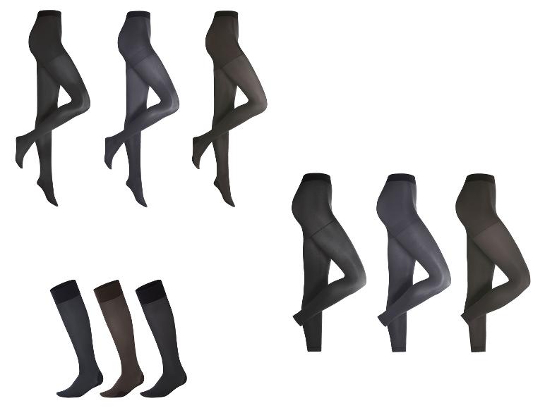 Assortiment van damespanty's, leggings en kniekousen in diverse donkere kleuren.