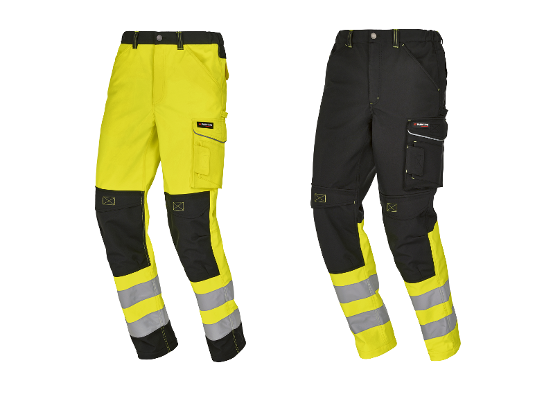 Parkside werkkleding broeken, geel en zwart, met reflecterende details.