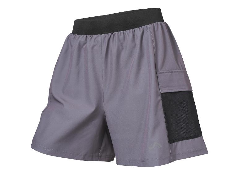 Grijze sportshort met zwarte elastische tailleband en zijzak van mesh.