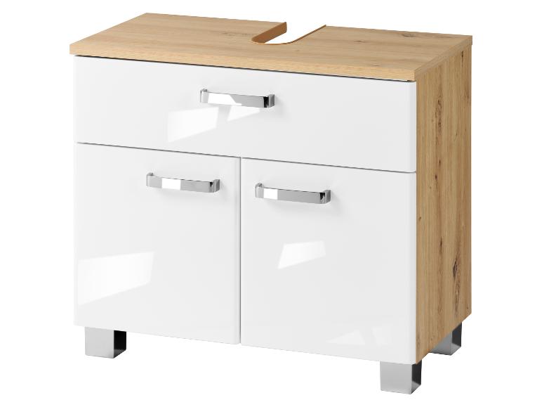 Witte badkamerkast met houtlook blad en chromen handgrepen