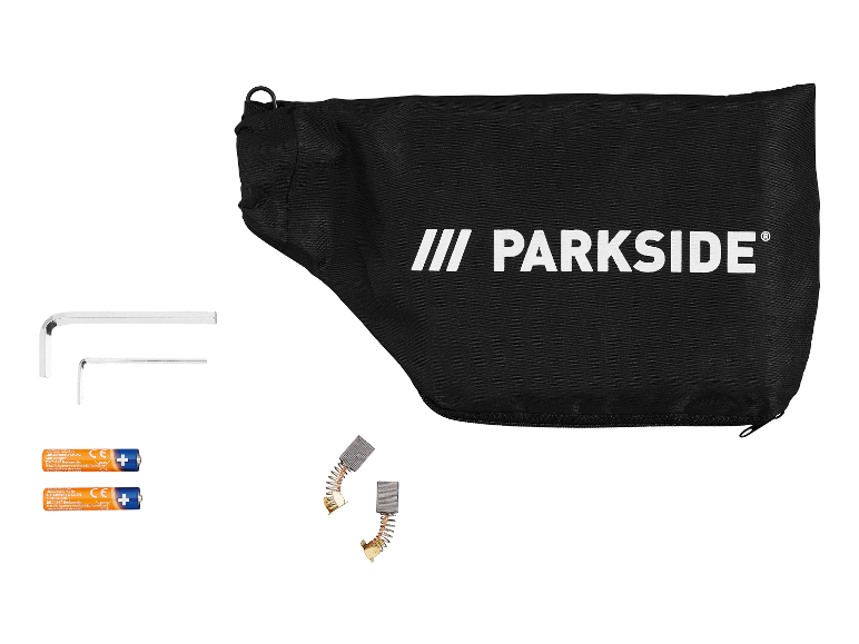 Parkside accessoires: tas, koolborstels, inbussleutels en batterijen.