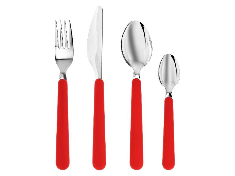 Bestekset met rode handvatten: vork, mes, eetlepel en theelepel.