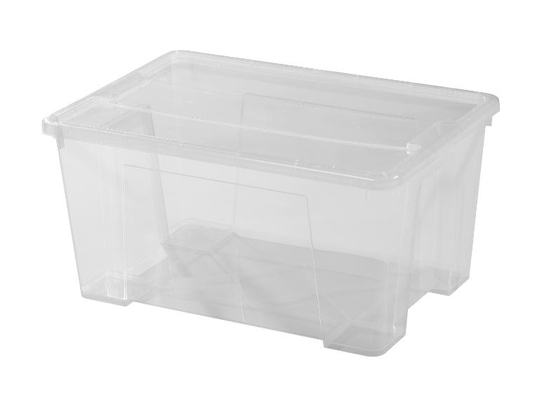 Transparante plastic opbergdoos met deksel.