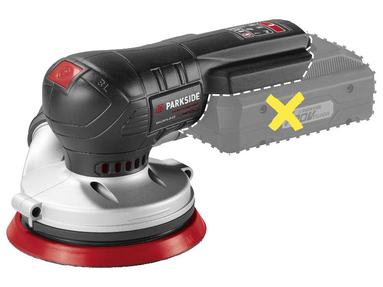 Draadloze excenterschuurmachine met een rode schuurzool, batterij niet inbegrepen.