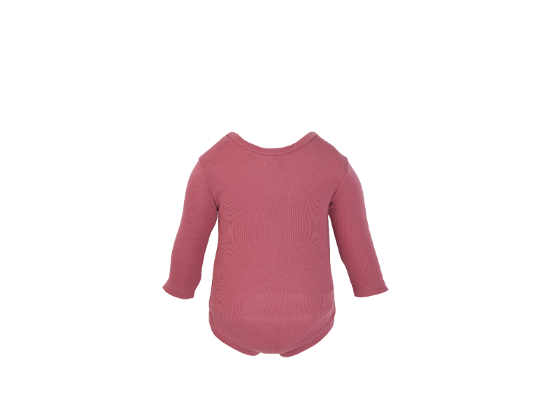 Frambooskleurige baby romper met lange mouwen, achteraanzicht