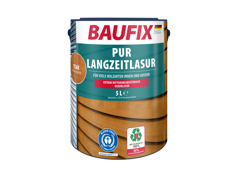 Een blik Baufix Pur Langzeitlasur houtbeits in de kleur teak.