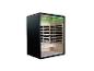 Moderne infraroodsauna met zwarte buitenkant en houten interieur met groene verlichting.