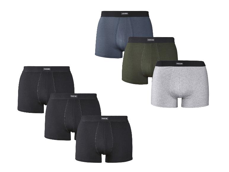 Set van zes herenboxershorts in zwart, grijs, blauw en olijfgroen.