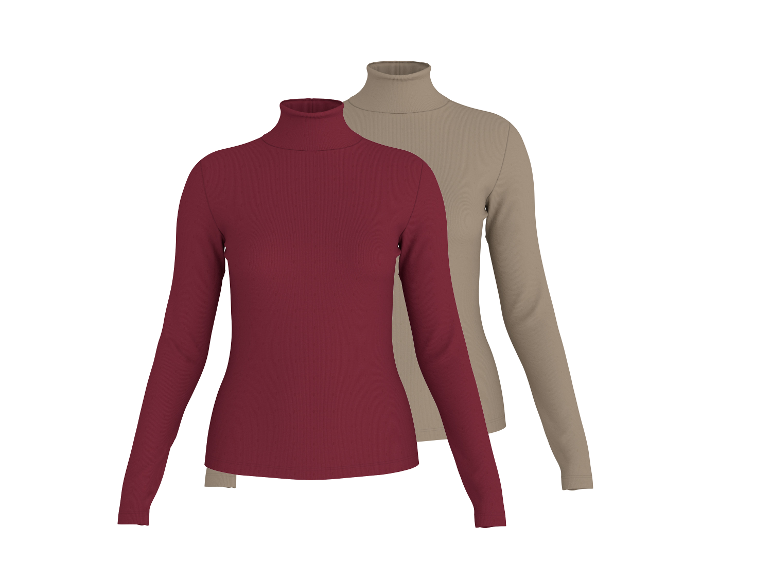 Twee dames coltruien met lange mouwen, één bordeauxrood en één beige, op een witte achtergrond.