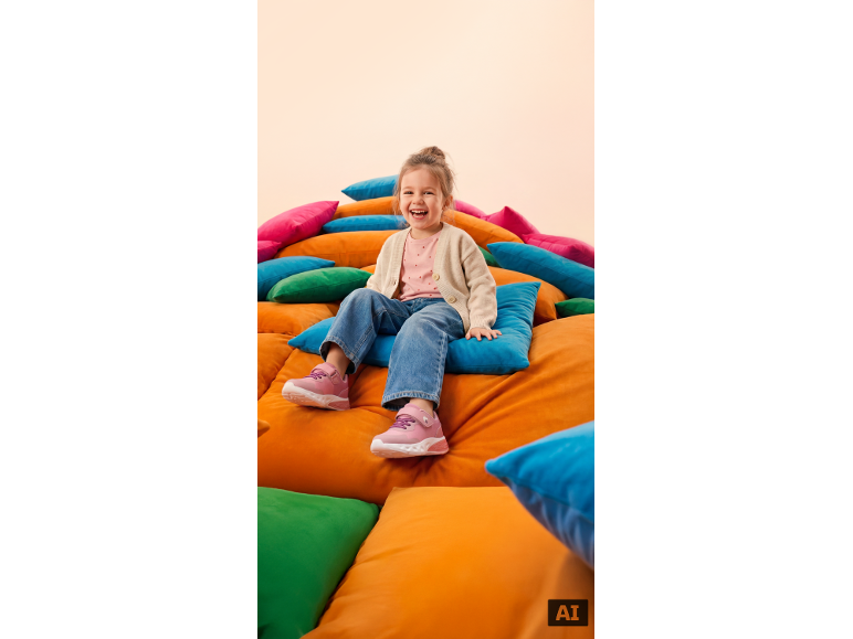 Lachend meisje in jeans en roze sneakers zit op kleurrijke kussens.