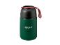 Groene thermosfles met zwarte dop en rood handvat.