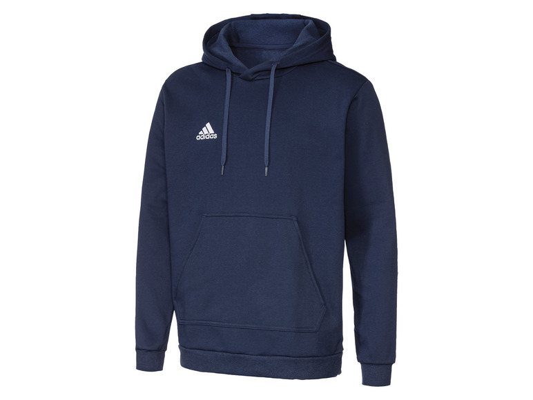 Een donkerblauwe Adidas hoodie met capuchon.