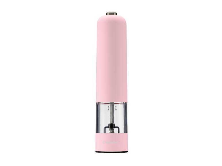 Roze elektrische zout- of pepermolen met transparant reservoir.
