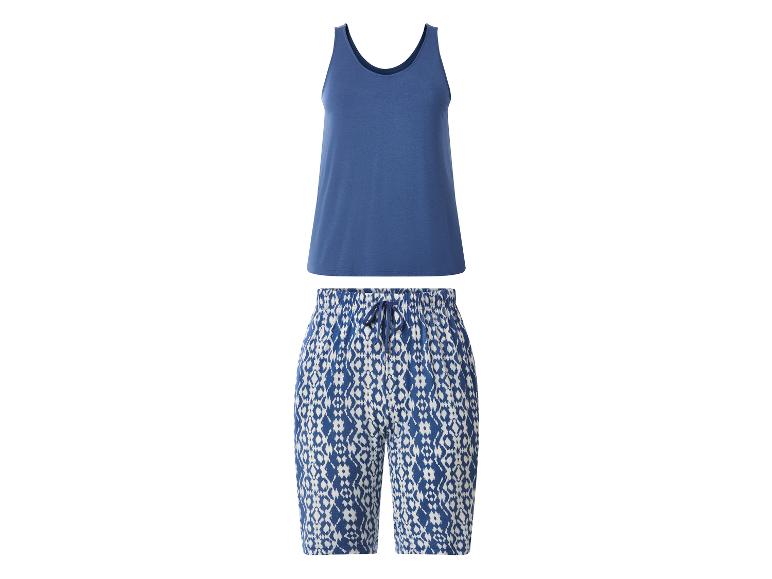 Dames set van blauwe tanktop en bedrukte shorts.