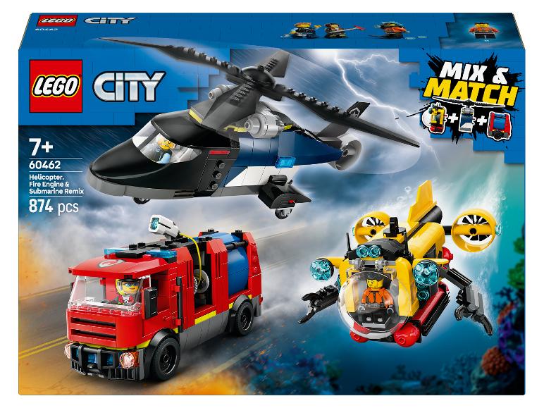 LEGO City set met helikopter, brandweerwagen en onderzeeër, 874 onderdelen.