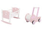 LUPILU® Houten babypoppenmeubels: roze en witte wieg en poppenwagen.