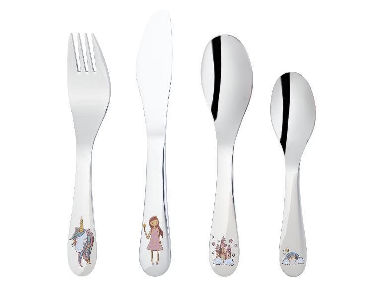 Een vork, een mes en twee lepels met eenhoorn, prinses, kasteel en regenboog motief.