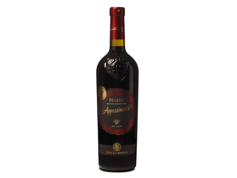Duca di Sasseta Appassimento Puglia IGP, halfdroge rode wijn.