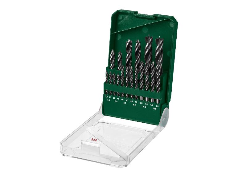 Houtborenset in groene koffer, met maten van 3,0 tot 10,0 mm.