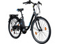Een zwarte elektrische fiets met een blauwe accenten.