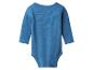 Blauwe baby romper met lange mouwen en ronde hals.