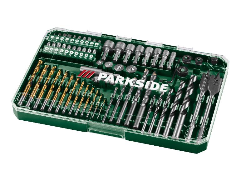 PARKSIDE boor- en bitset met diverse boren en schroevendraaierbits in een groene koffer.
