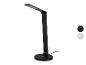 Zwarte LED-bureaulamp met draadloze oplader en twee kleurvoorbeelden.