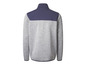 Een grijze fleece trui met blauwe details.