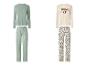 Twee pyjamasets: één mintgroen met bladpatroon en één crèmekleurig met 'WOKE UP gorgeous' tekst en stippen.