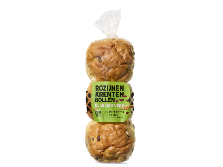 Zak met verse rozijnen- en krentenbollen