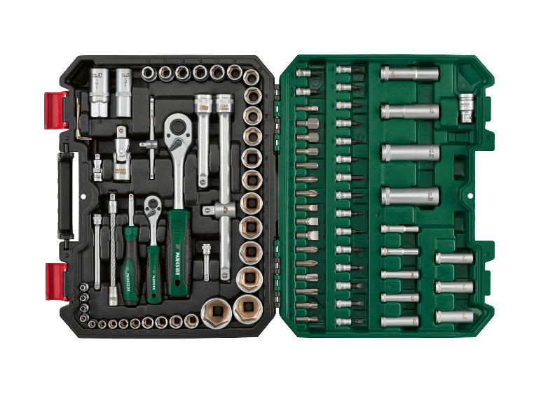 Parkside dopsleutel- en bitset in open koffer.