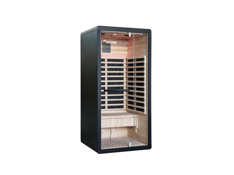 Eenpersoons infraroodsauna met glazen deur en houten interieur