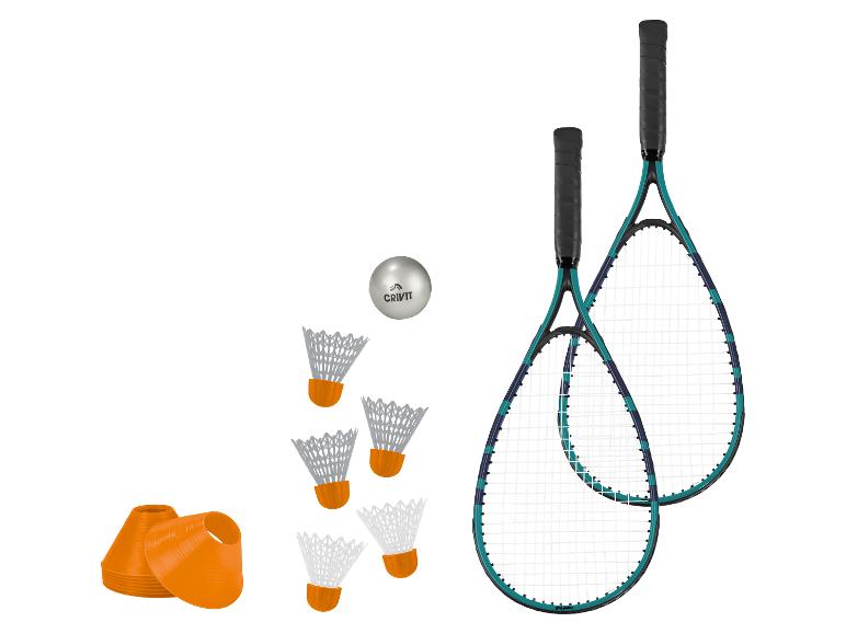 Twee Crivit rackets, shuttlecocks en pionnen voor racketsporten.