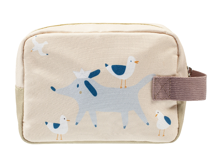 Beige toilettas met een hond en meeuwen print.