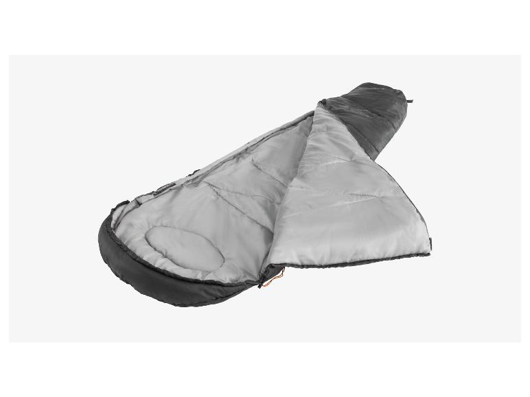 Een grijze slaapzak met een donkere buitenkant.