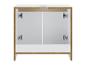 Witte badkamerkast met open deuren, toont het spaanplaat interieur.