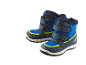 Paar blauw-grijze kinderwinterlaarzen met neongele accenten en de tekst 'WATERPROOF'.