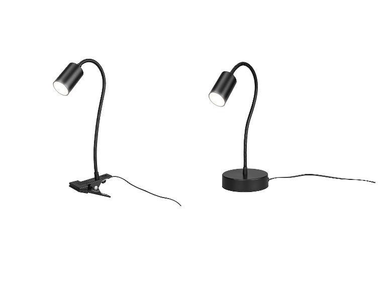 Twee zwarte LED-lampen met flexibele arm, één met klem, de andere met ronde voet.