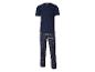 Marineblauwe herenpyjama met korte mouwen en geruite broek.