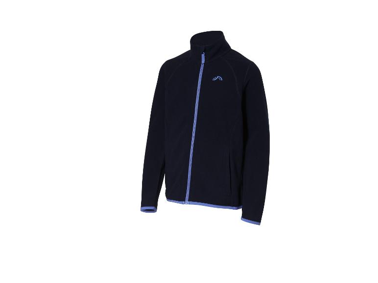 Donkerblauwe fleecejas met lichtblauwe rits en bies.