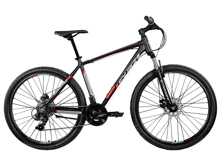 Zwarte en rode Zündapp mountainbike met Shimano details.