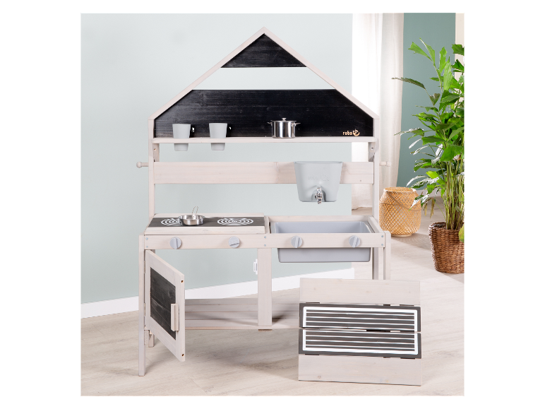 Roba kinderspeelkeuken van licht hout met grijze accenten.