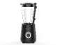 Zwarte blender met glazen kan en zilveren bedieningsknop.