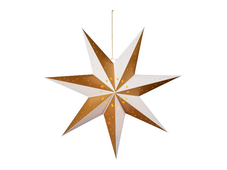 Witte en gouden kerstster met lichtjes, hangend.
