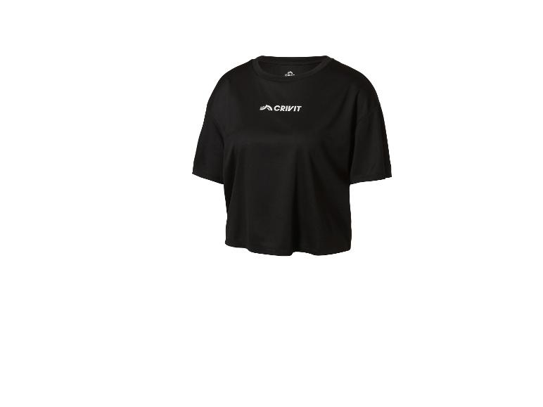 Zwart sport-T-shirt met korte mouwen en een wit logo op de borst.