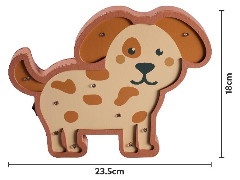 Houten nachtlampje in de vorm van een hond met bruine vlekken, 23,5x18cm